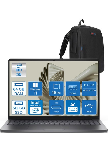 Pro 16 PC16250 Intel Core 7 250U 64GB Ddr5 512GB SSD 16 Fhd+ IPS (1920X1200) 300 Nits WIN11PRO Taşınabilir Bilgisayar. PC16250C7325P17+ZETTAÇANTA