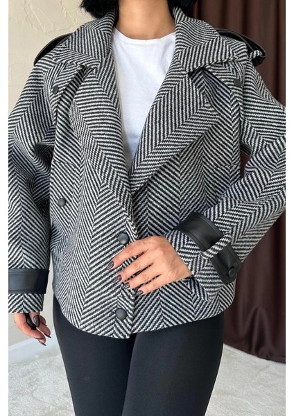 Gri Çizgili Deri Garnili Ceket fiyatları