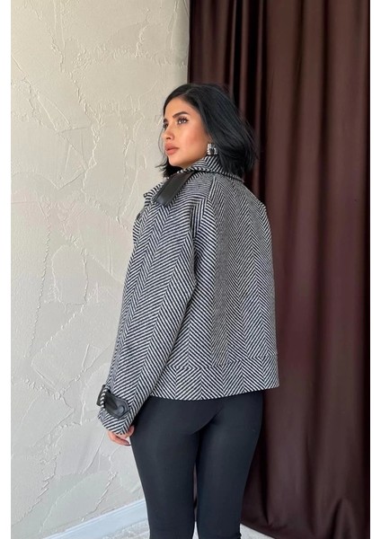 Gri Çizgili Deri Garnili Ceket modelleri