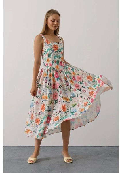 Çiçek Desenli Askılı Elbise - Pembe Çiçek