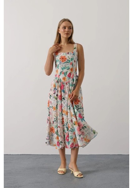 Çiçek Desenli Askılı Elbise - Pembe Çiçek modelleri