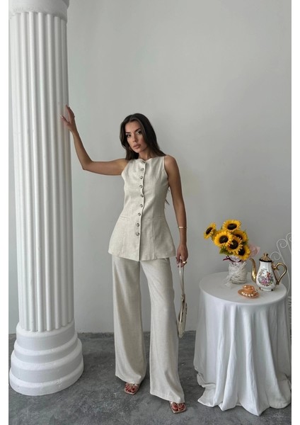 Keten Yelek - Pantolon Takım - Taş