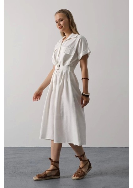 Kuşaklı Cep Detaylı Yarım Kol Elbise - Beyaz