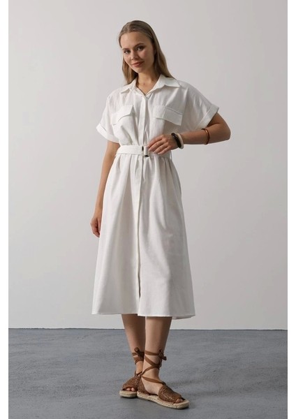 Kuşaklı Cep Detaylı Yarım Kol Elbise - Beyaz fiyatları