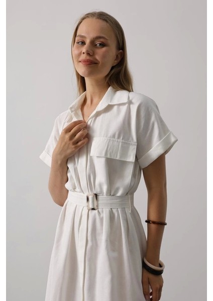 Kuşaklı Cep Detaylı Yarım Kol Elbise - Beyaz modelleri