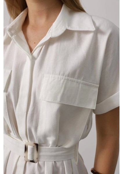 Kuşaklı Cep Detaylı Yarım Kol Elbise - Beyaz fırsatları