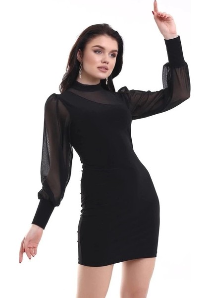 Kadın Balıkçı Yaka Transparan Detay Fırsat Ürün Sandy Kumaş Mini Elbise modelleri