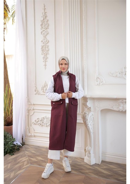 Kapşonlu Fermuarlı Cepli Kolsuz Önden Cepli Kapitone Uzun Yelek - (38-46) - 71309 - Bordo