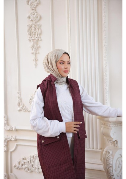 Kapşonlu Fermuarlı Cepli Kolsuz Önden Cepli Kapitone Uzun Yelek - (38-46) - 71309 - Bordo fiyatları