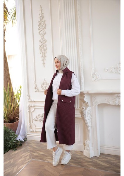 Kapşonlu Fermuarlı Cepli Kolsuz Önden Cepli Kapitone Uzun Yelek - (38-46) - 71309 - Bordo indirimleri