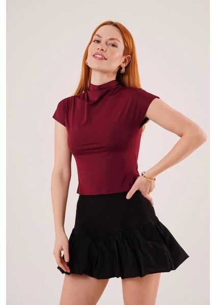 Boğazlı Parlak Kumaş Bordo Crop