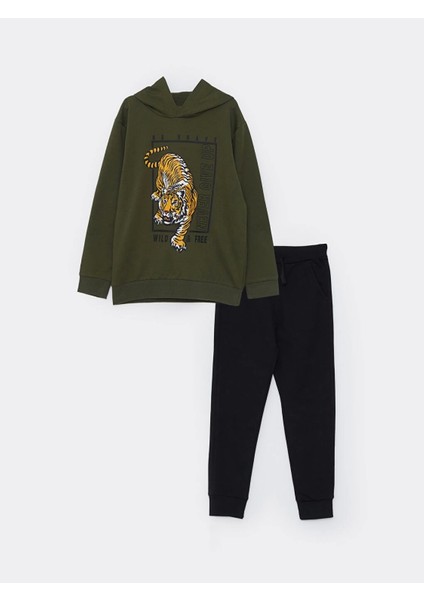 Lcw Kids Yeşil Kapüşonlu Baskılı Uzun Kollu Erkek Çocuk Sweatshirt ve Eşofman Altı