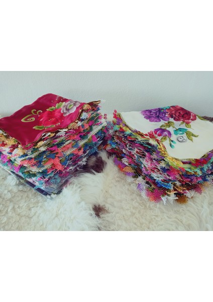 ve Reyhan %100 Pamuk Yazma Üzerine Tamamı El Işi Dört Tarafı Oyalı Yazma, Eşarp, Mevlit Örtüsü 100 x 100CM