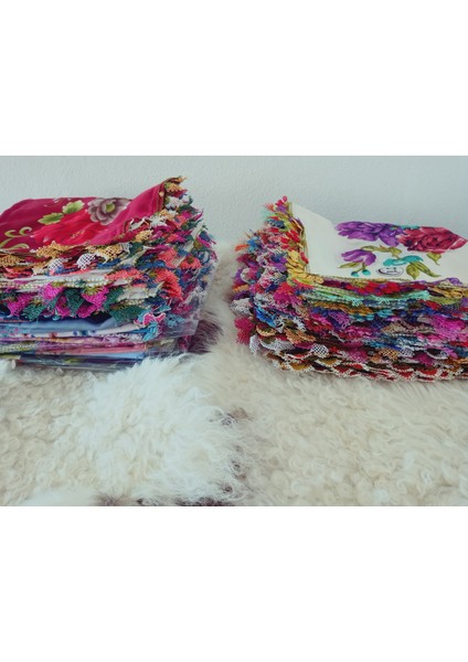 ve Reyhan %100 Pamuk Yazma Üzerine Tamamı El Işi Dört Tarafı Oyalı Yazma, Eşarp, Mevlit Örtüsü 100 x 100CM