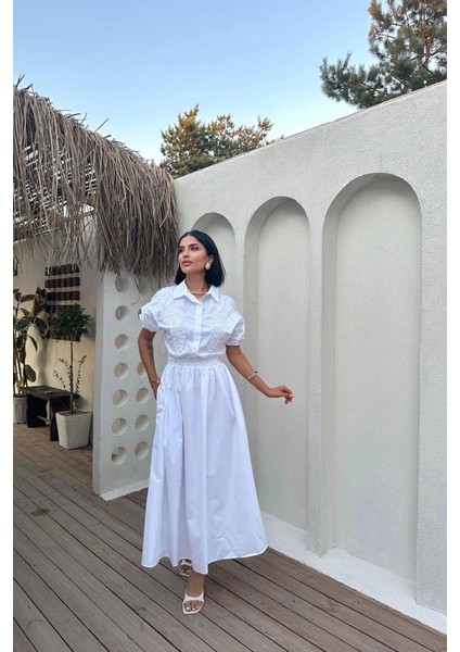Beyaz Nakışlı Işlemeli Elbise