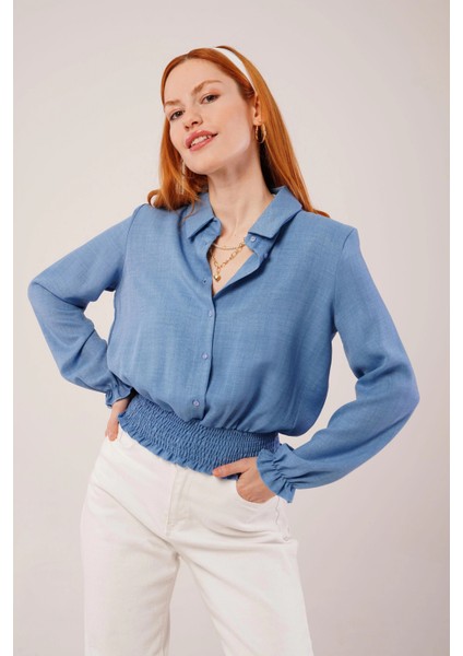 Bel ve Bilek Lastikli Mavi Bluz