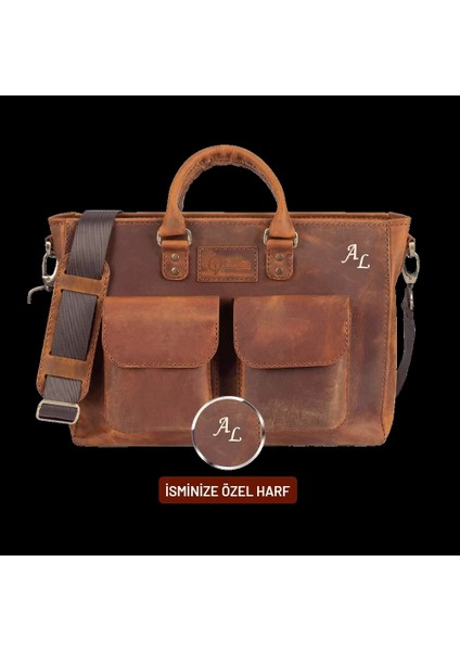 Isme Özel Askılı Cepli Evrak - Laptop Çantası - %100 Crazy Deri - AC09003 - Taba