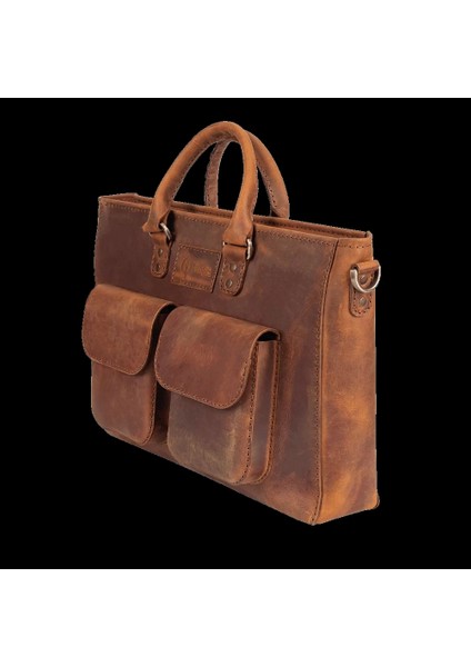 Isme Özel Askılı Cepli Evrak - Laptop Çantası - %100 Crazy Deri - AC09003 - Taba modelleri