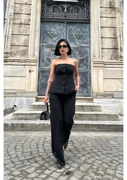 Siyah Straplez Düğmeli Crop ve Pantolon Takım