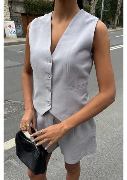 Yelek Şort Flamlı Keten Takım 10133-17 modelleri