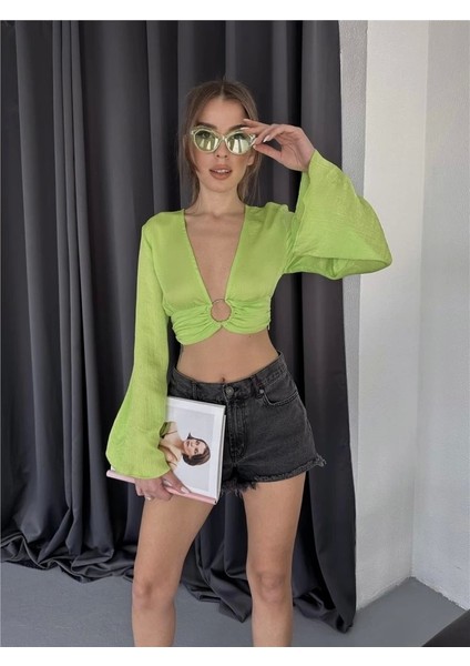 Saten Crop Toka Detaylı Bluz - Yeşil