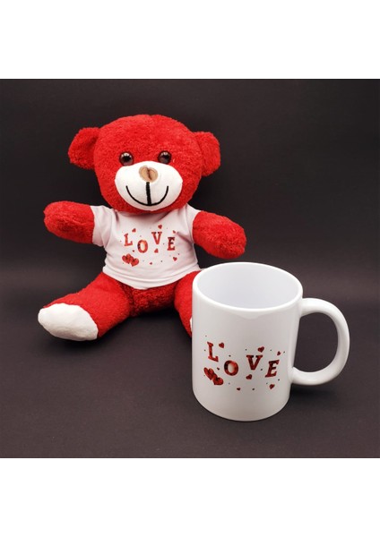 Love Tasarımlı Kupa Bardak ve Kırmızı Ayıcık Seti