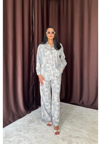 Mavi Leopar Desenli Ceket ve Pantolon Keten Takım fiyatları