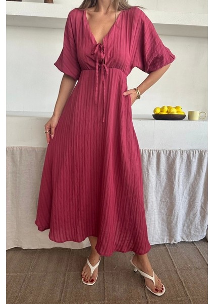 V Yaka Dökümlü Elbise - Pembe modelleri