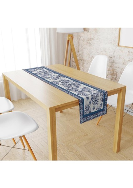Blue Flowers Runner 140X45CM- Mavi Çiçekler, Ince Keten, Uluslararası Yıkama ve Solmama Sertifikası