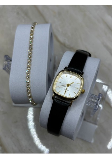 Kadın Kol Saati Siyah Kordon Retro Still Marka Model Vintage Oval Gold Kasa 0021