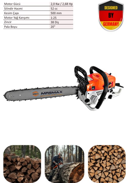 Alman Tasarımı Profesyonel Mrs Baukan Benzinli Ağaç Kesme Dal Budama Testere Motoru 52 cc 2,68 Hp