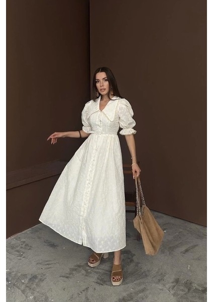 Bej Bebe Yaka Balon Kollu Brode Elbise