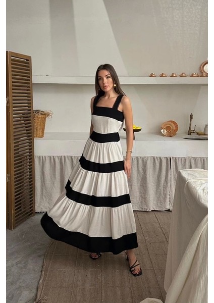 Bej Arkası Fiyonklu Keten Elbise fırsatları