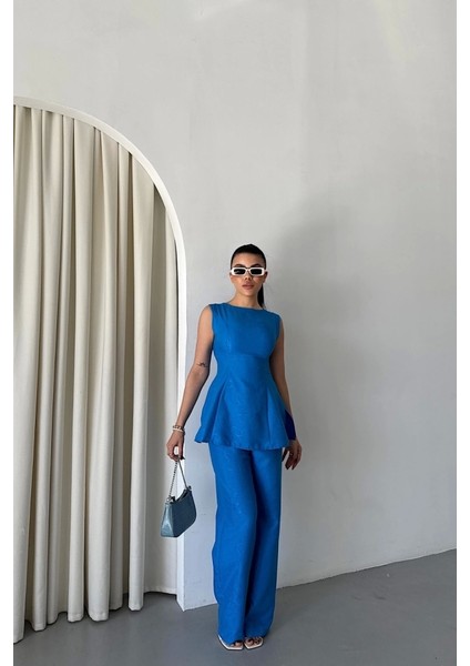 Jakar Keten Kolsuz Bluz-Pantolon Tk - Mavi