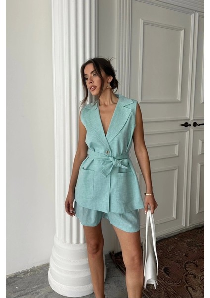 Keten Yelek - Şort Takım - Mint
