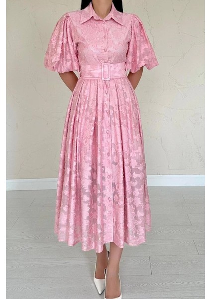 Pembe Kemerli Balon Kollu Elbise fırsatları