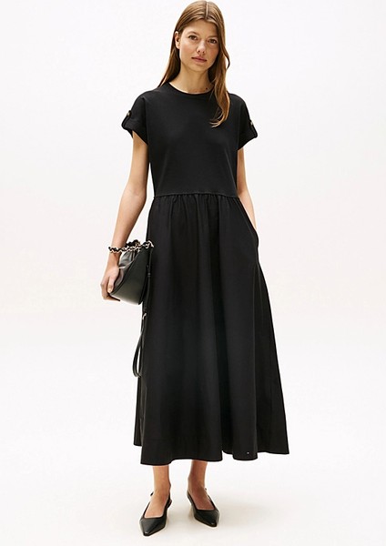 Kadın Bisiklet Yaka Kumaş Kombinli Midi Elbise - Siyah