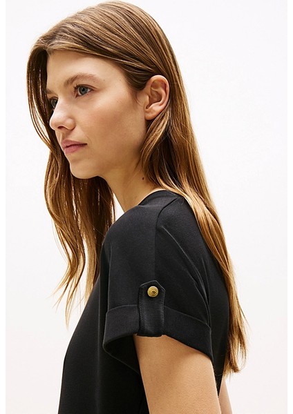 Kadın Bisiklet Yaka Kumaş Kombinli Midi Elbise - Siyah fırsatları