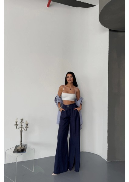 Salaş Önden Yırtmaç Detaylı Bel Kemerli Pantolon - Lacivert fiyatları