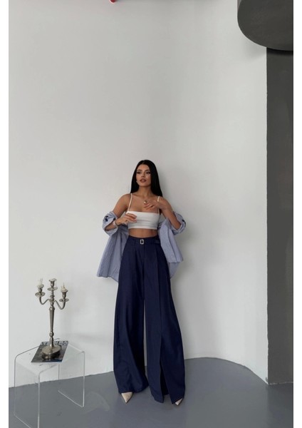 Salaş Önden Yırtmaç Detaylı Bel Kemerli Pantolon - Lacivert fırsatları