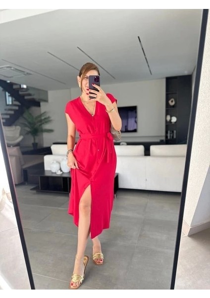 Kadınn V Yaka Düğme Detay Kuşak Dahil Elbise