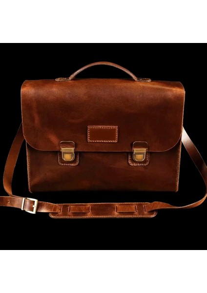 Isme Özel Evrak Çantası - Messenger Bag - %100 Deri - AC09001 - Koyu Kahverengi