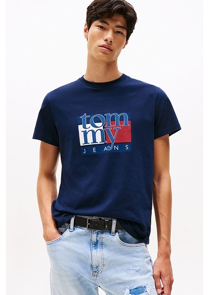 Erkek Slim Fit Grafik Baskılı T-Shirt - Lacivert