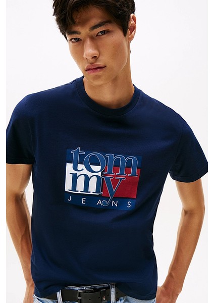 Erkek Slim Fit Grafik Baskılı T-Shirt - Lacivert fırsatları