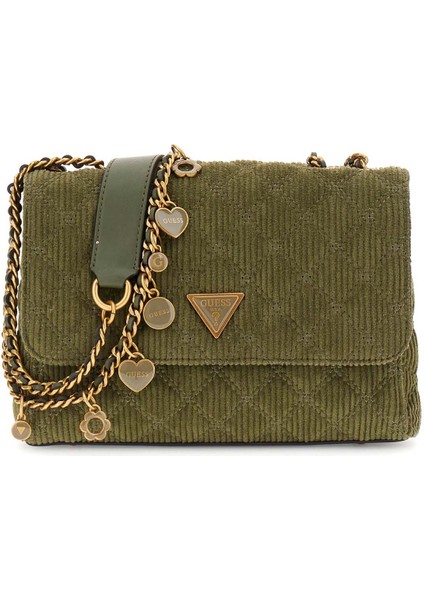 Kadın Fitilli Kadife Omuz Çantası - Haki