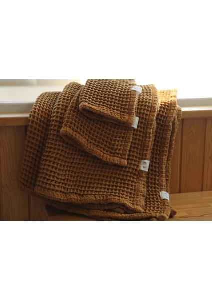 Premium Waffle %100 Pamuk 4’lü Camel Renk Banyo Havlu Seti modelleri