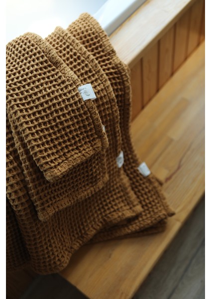 Premium Waffle %100 Pamuk 4’lü Camel Renk Banyo Havlu Seti fırsatları