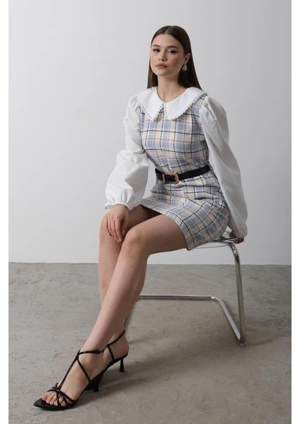 Ekoseli Gömlek Detaylı Elbise - Mavi