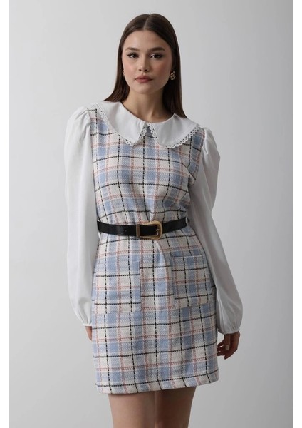 Ekoseli Gömlek Detaylı Elbise - Mavi fırsatları