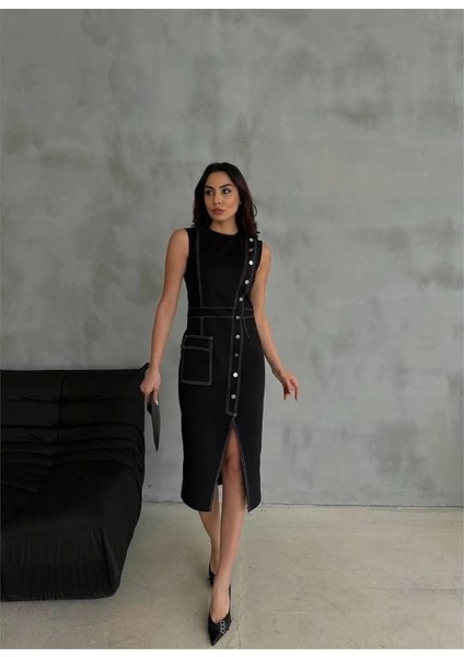 Gabardin Kalem Elbise Düğme ve Yırtmaç Detaylı - Bej